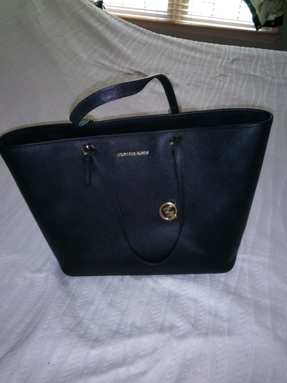 Michael Kors Black Saffiano Leather Tote with Gold MK Charm
